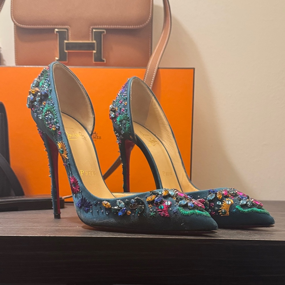 Christian Louboutin Artifice Strass Green Embellished Heels
